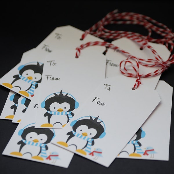 Penguin Friends, holiday gift tags, set of 8 Christmas hang tags
