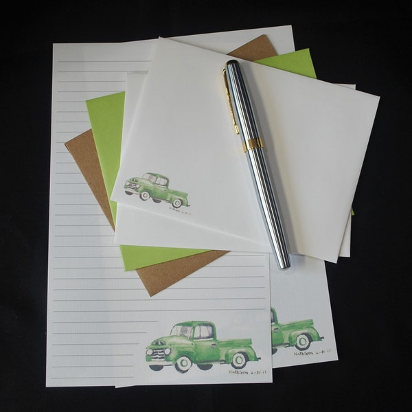 Kathy's Pickup, stationery set, 5.5 x 8.5, letter writing, lined, unlined, rustic stationery, pen pal, snail mail, watercolor, green truck
