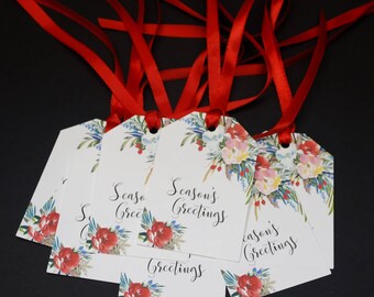 Season's Greetings, Christmas tags, blank tags, decorative tags, set of 8, holiday gift tags, xmas flowers, paper goods, watercolor floral