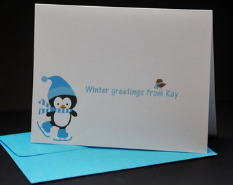 Winter Greetings 4, personalized penguin skating, holiday note cards, set of 6