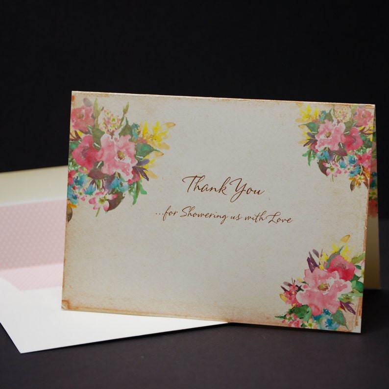 Baby Shower thank you watercolor floral thank you card with lined envelope Bridal Shower thank you rustic romance flowers