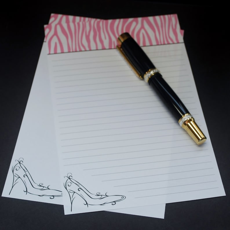 hand written letter stationery set snail mail letter writing set 30 pieces Diva fine writing set pink zebra with black high heel shoe