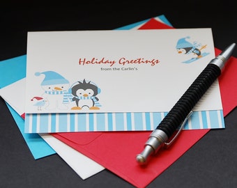 Holiday Greetings, personalized snowman and friends holiday note cards, set of 6