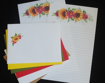 Sunflowers & Mums 2, stationery set, 5.5 x 8.5, fall floral, letter writing set, stationary, 30 pieces, lined, unlined, pen pal, snail mail