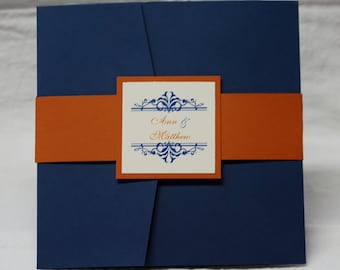 Navy and Orange Flourish, square pocketfold wedding invitation suite, sample set