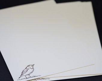 Little Brown Bird, hand stamped stationery set, 5.5 x 8.5, simple bird, letter writing set, hand written letters, 30 pieces, lined, unlined