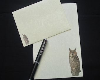 Owl 1, stationery set, 5.5 x 8.5, writing set, handwritten letters, parchment paper notes, lined, unlined, owl, horned owl, bird, snail mail