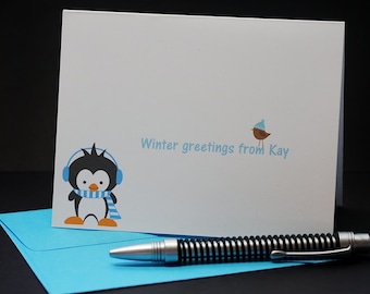 Winter Greetings 2, personalized penguin with ear muffs, holiday note cards, set of 6