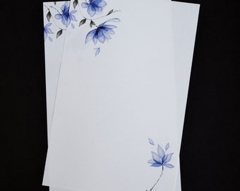 Garden Party in Blue, stationery set, 5.5 x 8.5, letter writing set, handwritten letters, 30 pieces, lined, unlined, blue watercolor flowers