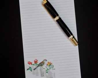 Bird on a Picket Fence, stationery set, 5.5 x 8.5, writing set, handwritten letters, 30 pieces, lined, unlined, snail mail, pen pal, flowers