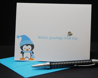 Winter Greetings, personalized penguin holiday note cards, set of 6