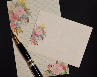 Rustic Romance, stationery set, 5.5 x 8.5  letter writing set, handwritten letters, 30 pieces, lined, unlined, watercolor flowers, pen pal