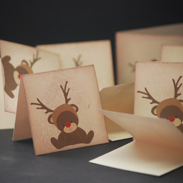 Teddy Bear Reindeer, mini Christmas folded notes, set of 8 small holiday enclosure cards