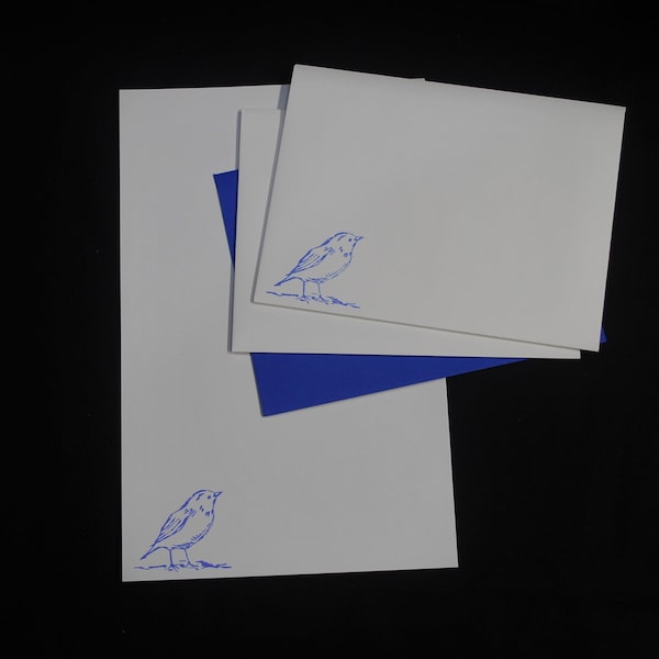 Little Blue Bird, hand stamped stationery set, 5.5 x 8.5, letter writing set, handwritten letters, 30 pieces, lined, unlined, bird, simple