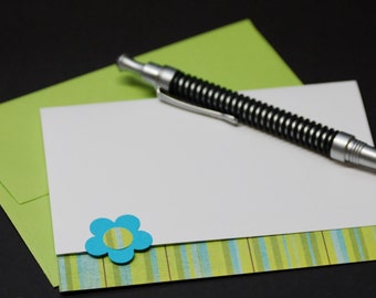 Apple Green and Blue Stripes, blank floral greeting card