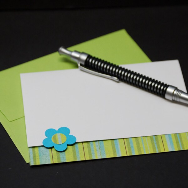 Apple Green and Blue Stripes, blank floral greeting card