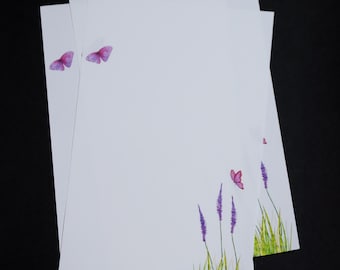 Butterflies and Flowers, fine stationery set, 5.5 x 8.5, letter writing set, handwritten letters, 30 pieces, lined, unlined, purple flowers