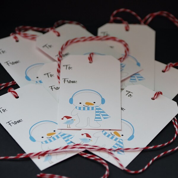 Puffy Snowman, holiday gift tags, set of 8 Christmas hang tags