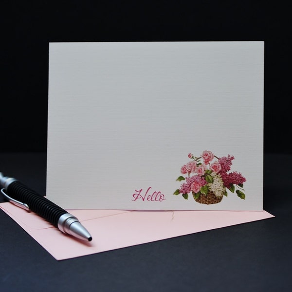 Roses And Lilacs, hello or personalized postcards, set of 4 flat greeting cards