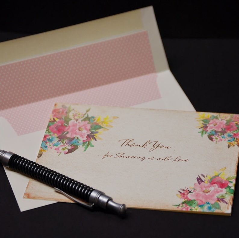 Baby Shower thank you watercolor floral thank you card with lined envelope Bridal Shower thank you rustic romance flowers