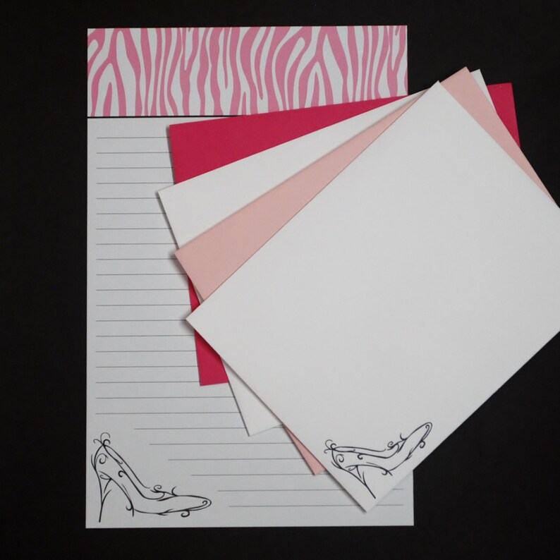 hand written letter stationery set snail mail letter writing set 30 pieces Diva fine writing set pink zebra with black high heel shoe