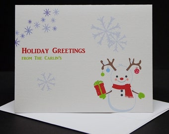 Christmas Snowman With Antlers, personalized holiday note cards, set of 6