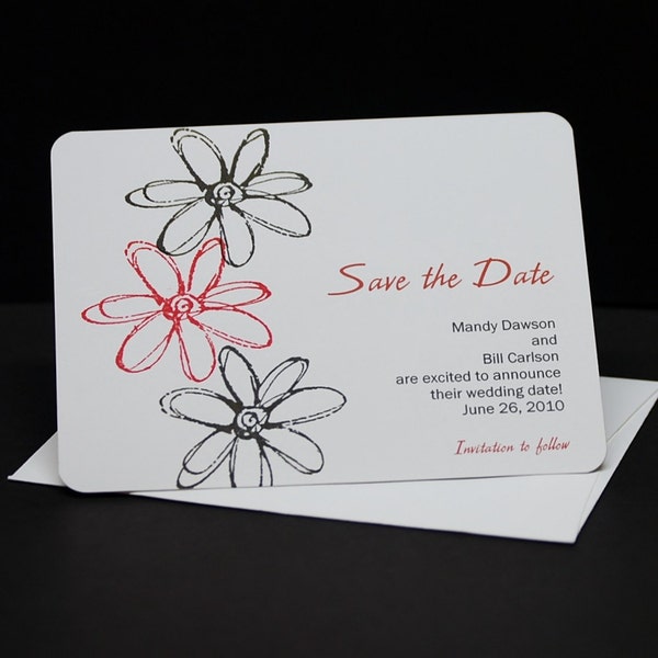 Touched By A Flower, hand stamped Save The Date card sample