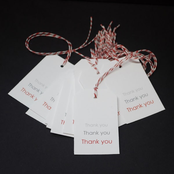 Shadow Thank You Tags, hang tags, thanks, favor tags, party favors, gift tags, set of 12, red and white bakers twine, glossy text paper