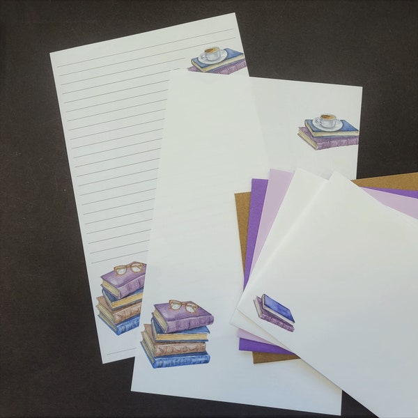 Stack of Purple Books, stationery set, 5.5 x 8.5, writing set, handwritten letters, 30 pieces, lined, unlined, pen pal, snail mail, books