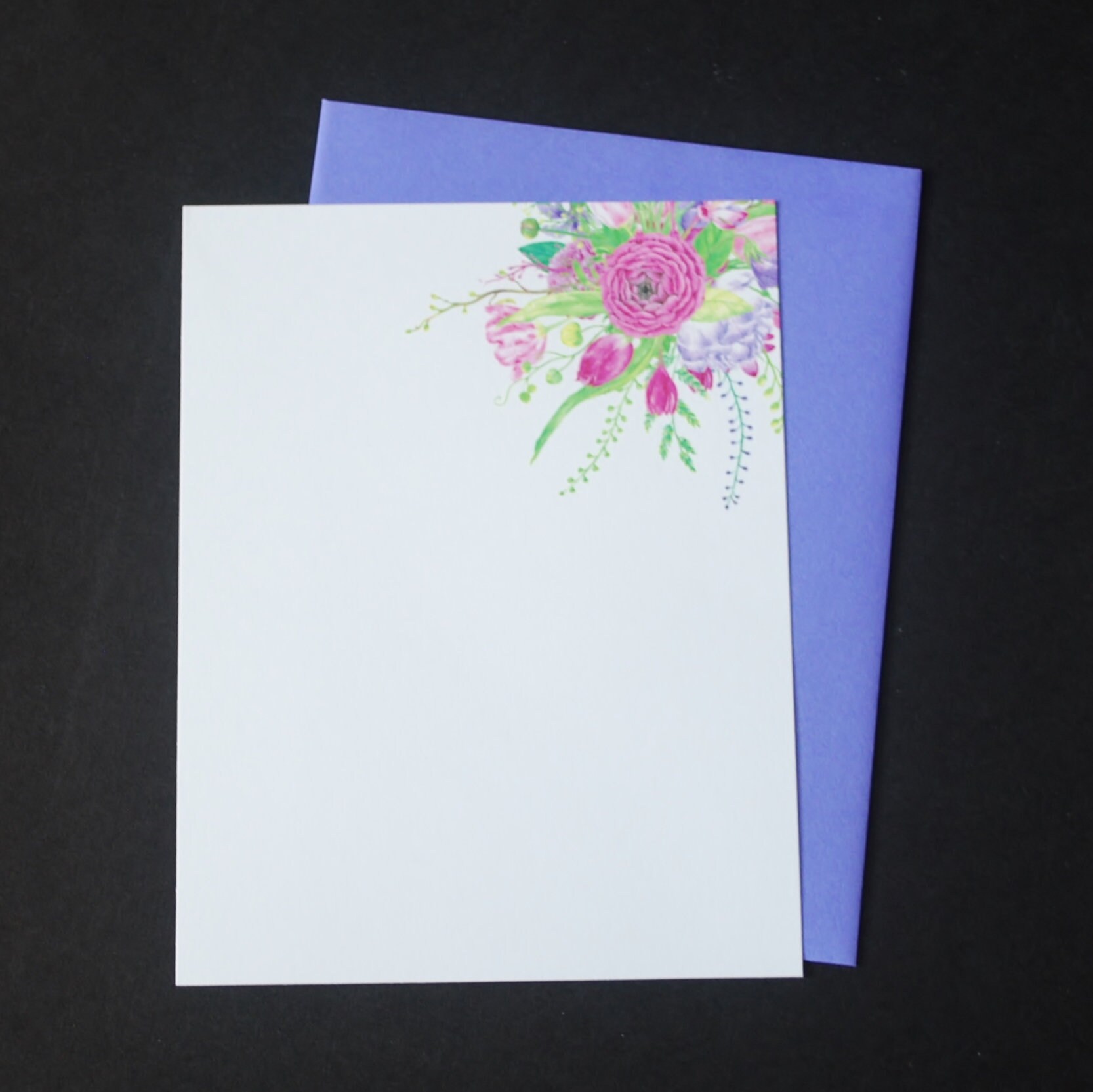 Plum Purple Flowers floral flat cards stationery set | Etsy