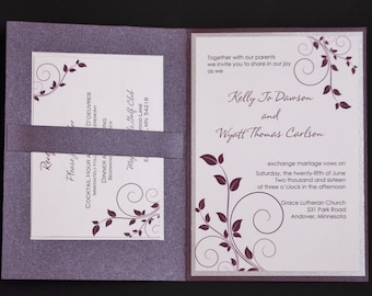 Plum Flourishes with Silver, pocketfold wedding invitation suite in metallics, sample set, silver shimmer invitations, purple and silver