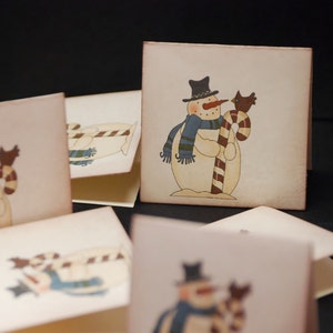 Primitive Snowman with Candy Cane, mini Christmas folded notes, set of 8 small holiday enclosure cards