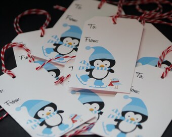 Skating Penguin, holiday gift tags, set of 8 Christmas hang tags