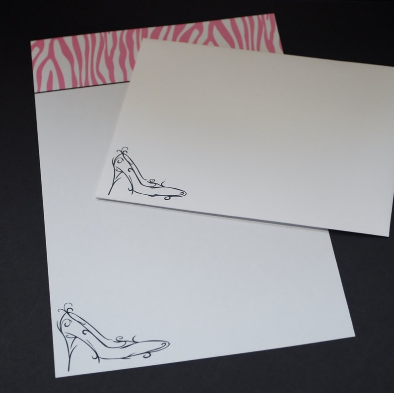hand written letter stationery set snail mail letter writing set 30 pieces Diva fine writing set pink zebra with black high heel shoe
