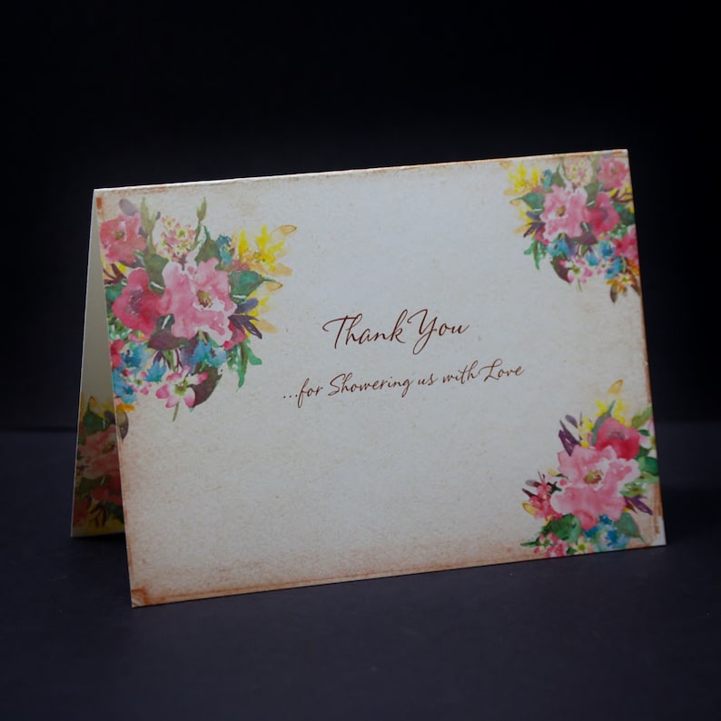 Baby Shower thank you watercolor floral thank you card with lined envelope Bridal Shower thank you rustic romance flowers
