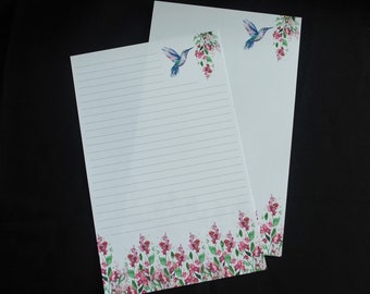 Hummingbird, burgundy flowers, stationery set, 5.5 x 8.5, writing set, writing paper, birds, 30 pieces, lined, unlined, pen pal, snail mail