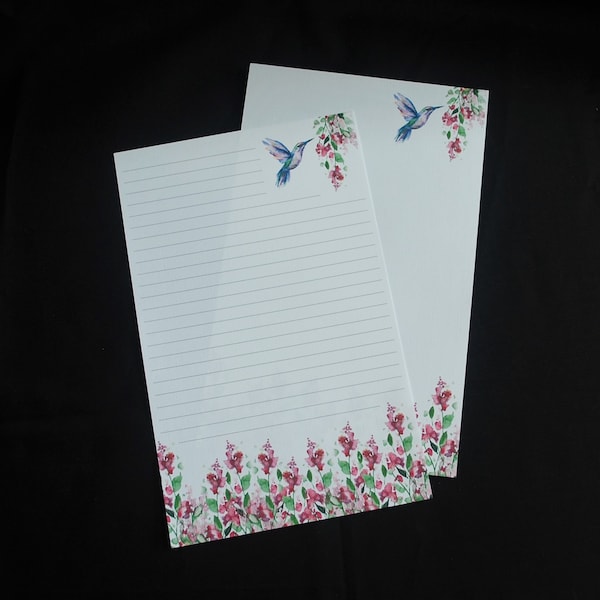 Hummingbird, burgundy flowers, stationery set, 5.5 x 8.5, writing set, writing paper, birds, 30 pieces, lined, unlined, pen pal, snail mail