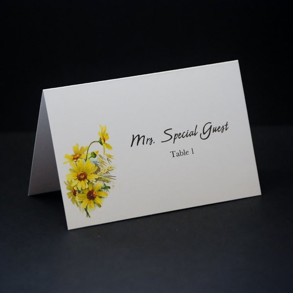 Bouquet of Yellow Daisies, tented wedding place card sample