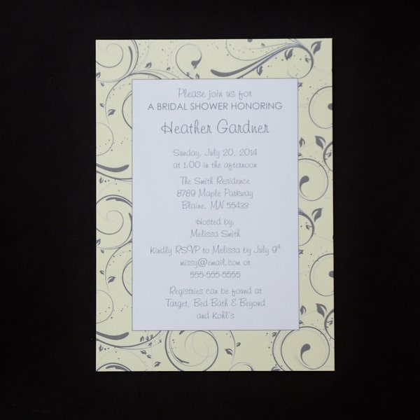 Yellow and Grey Flourish, bridal shower invitation sample