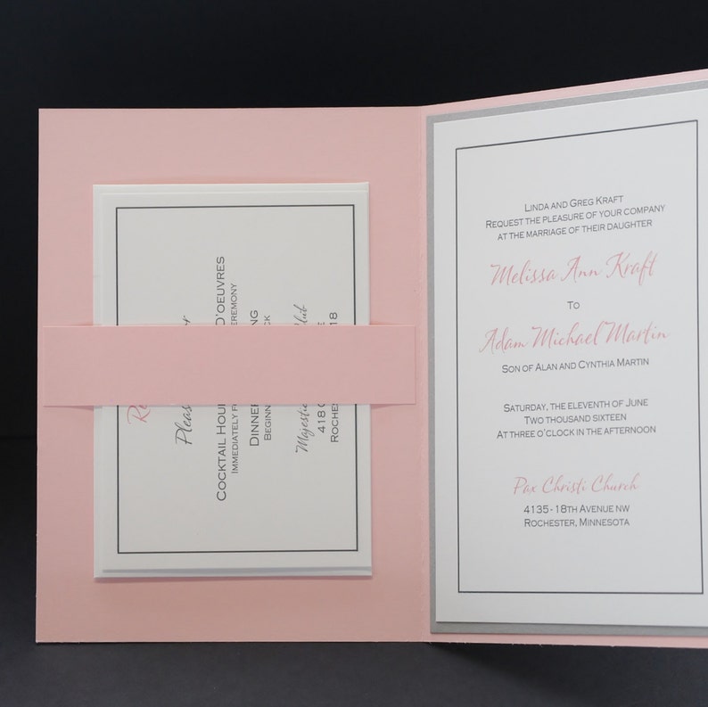 Pink Champagne and Silver Traditional Elegance, pocketfold wedding invitation suite, sample set image 3