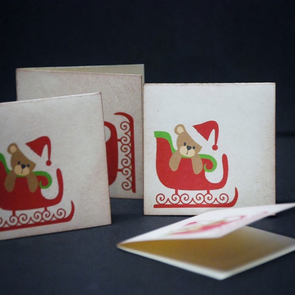 Santa Teddy Bear in Sleigh, mini Christmas folded notes, set of 8 small holiday enclosure cards