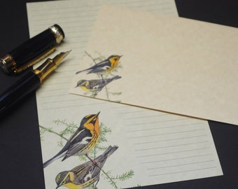 Warbler Pair, gold birds, stationery set, 5.5 x 8.5, letter writing, handwritten letters, 30 pieces, lined, unlined, parchment paper, bird