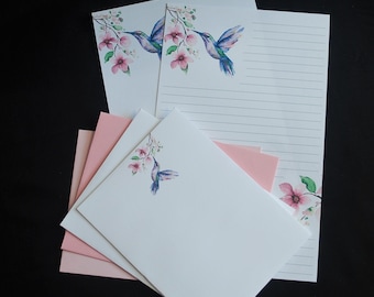 Hummingbird, pink flowers, stationery set, 5.5 x 8.5, letter writing set, writing paper, birds, 30 pieces, lined, unlined, snail mail, pink