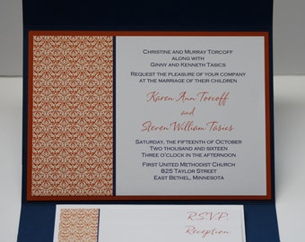 Orange Damask with Navy pocketfold, wedding invitation suite, sample set