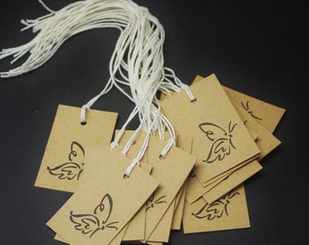Butterfly, chipboard tags, hand stamped hang tags, set of 20, wedding favors, party favors, Kraft chipboard