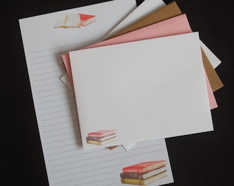 Stack of Books, stationery set, 5.5 x 8.5, letter writing set, 30 pieces, lined, unlined, pen pal, snail mail, brown and pink, watercolor
