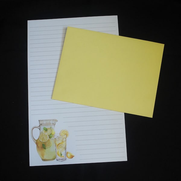 Pitcher of Lemonade, stationery set, 5.5 x 8.5, writing set, handwritten letter, 30 pieces, watercolor summer lemon, lined, unlined, pen pal