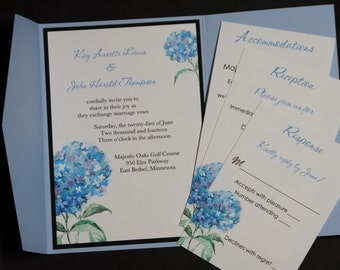 Blue Hydrangea, pocketfold wedding invitation suite, sample set