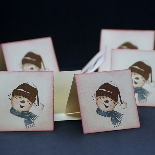 Scarf Snowman, mini Christmas folded notes, set of 8 small holiday enclosure cards