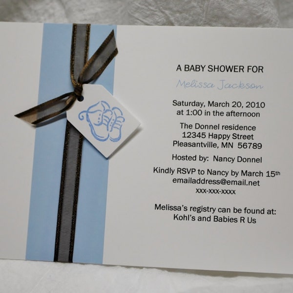 Blue Baby Booties, hand stamped baby shower invitation sample